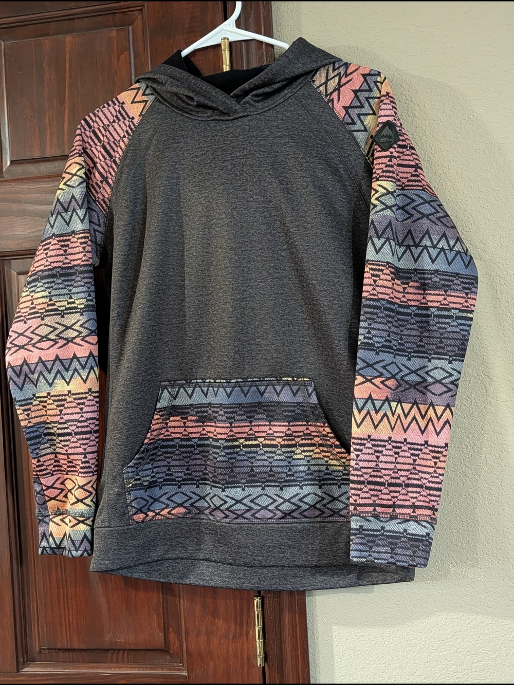Burton Men's Charcoal Crewneck Hoodie with Multicolor Aztec Sleeves